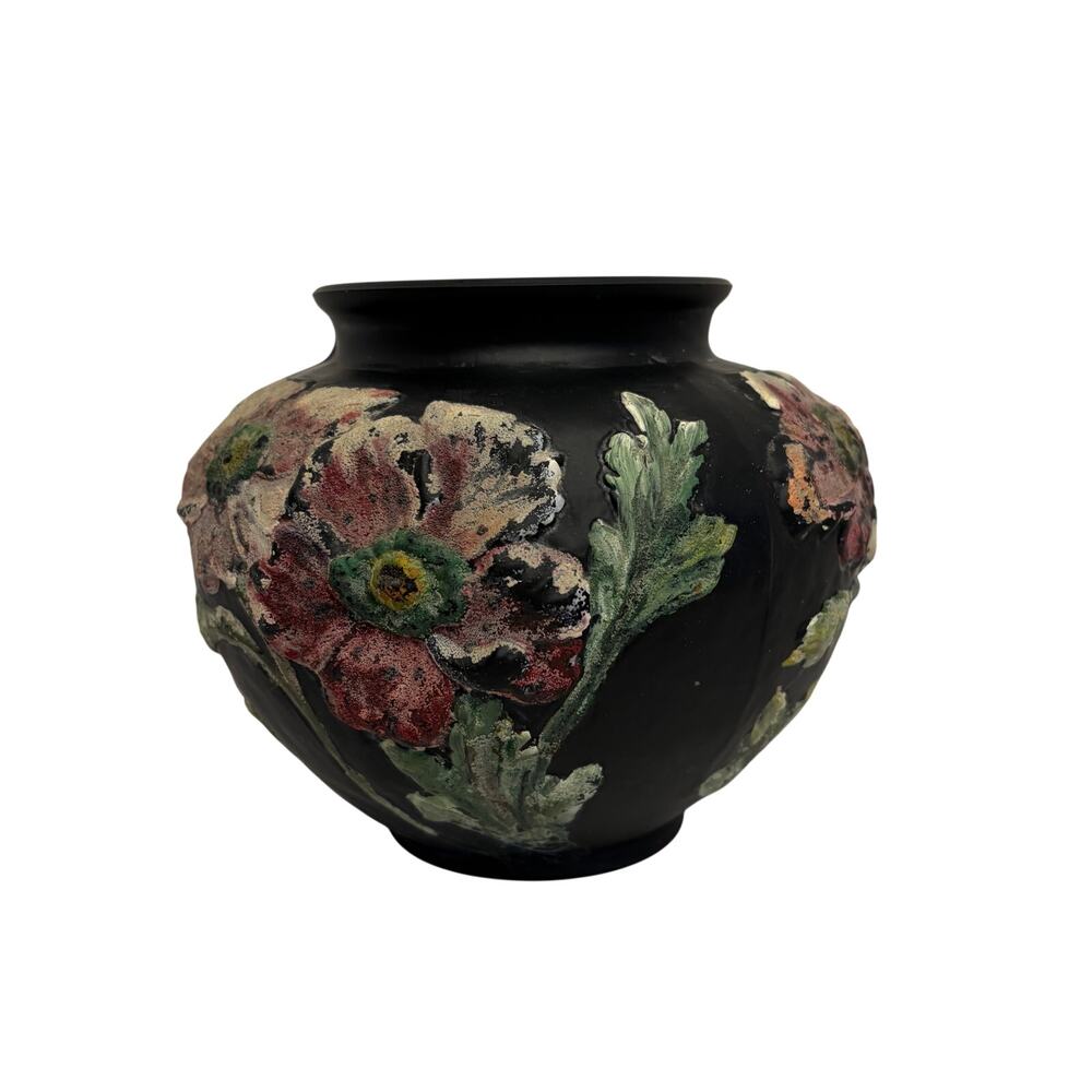 VTG Tiffin glass black satin vase. hand painted raised flowers. No markings